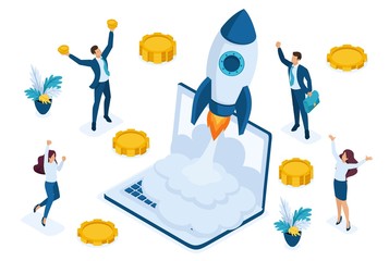 Poster - Isometric business startup, businessmen rejoice rocket take-off from laptop, business investment. Concept for web design
