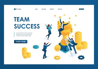Poster - isometric the success of teamwork, the joy of the boss and employees, the winner. template landing p