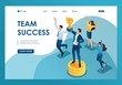 © elizaliv - Isometric the team has achieved success, the businessman jumps with a Cup in hand. Template landing page