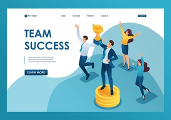 Poster - isometric the team has achieved success, the businessman jumps with a cup in hand. template landing 