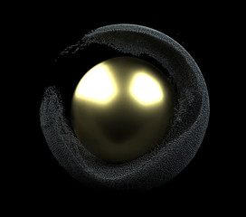 Wall Mural - A 3d render of a black ball with spooky yellow eyes on a black background