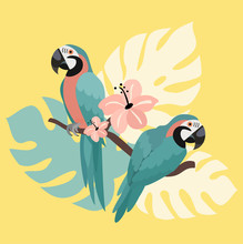 Stylized Summer Illustration With Parrots And Tropical Leaves. Vector Template.
