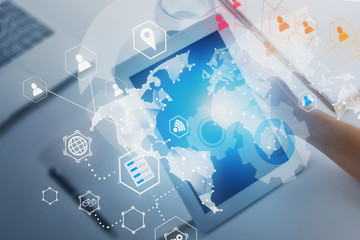 Poster - Woman hand with tablet, social connection