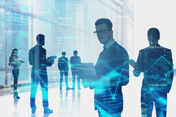 Poster - Business team in city, network interface