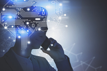Poster - Asian businessman on phone, AI concept