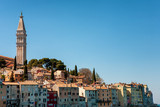 Fototapeta Na sufit - Rovinj city old town’s colorful houses and the  St. Euphemia Church’s 60 meters tall tower