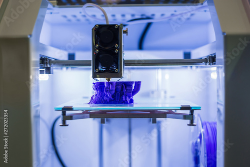 Process Of Printing Physical Plastic Model Of Purple Toy Castle On Automatic 3d Printer Machine Additive Technologies 4 0 Industrial Revolution 3d Printing And Prototyping Industry Concept Buy This Stock Photo And