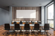 Gray and wooden meeting room with poster