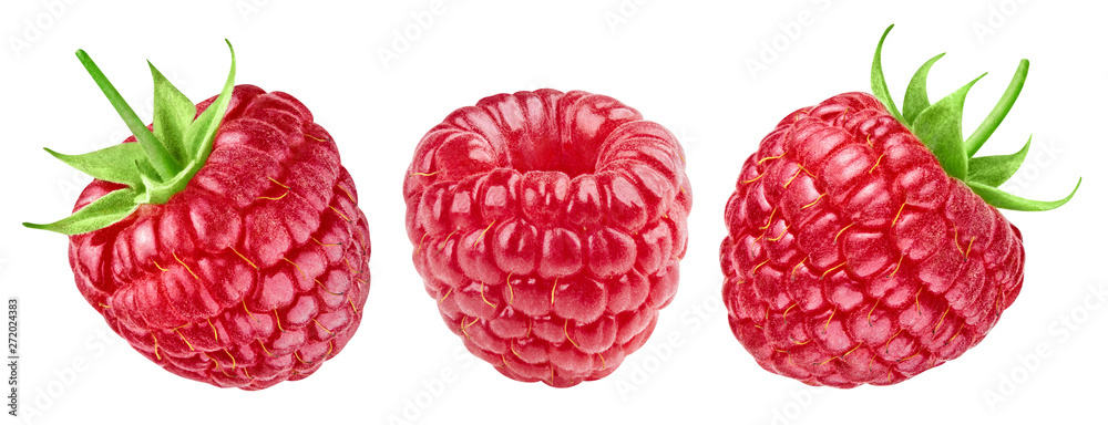 Ripe raspberries collection isolated on white background - obrazy, fototapety, plakaty 