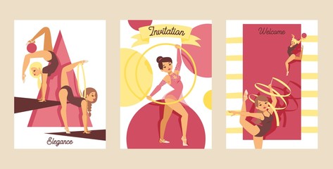 Wall Mural - Young girl gymnast exercise sport athlete vector illustration. Training performance strength gymnastics balance people cards. Championship workout acrobat beautiful character.