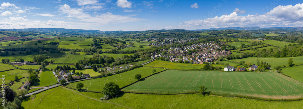 Aerial panoramic view of typical british farmers fields and some sheep, captured with the town of Usk in  the background in South Wales, UK - obrazy, fototapety, plakaty 