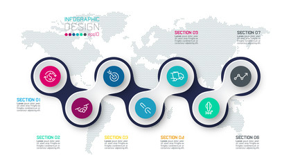 Wall Mural - Circle linked with business icon infographics on world map background.