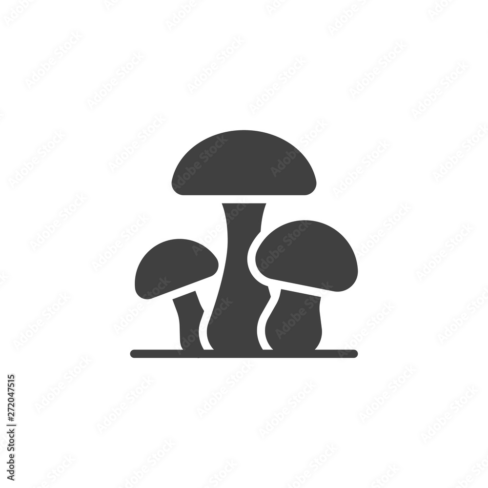 Three mushrooms vector icon. filled flat sign for mobile concept and web design. Mushroom plant glyph icon. Symbol, logo illustration. Vector graphics - obrazy, fototapety, plakaty 
