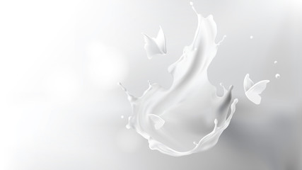 Wall Mural - milk splash crown shape and white liquid silhouettes of flying butterflies isolated on gray blurred 