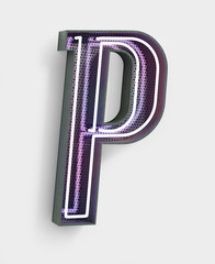 Fototapete - Vivid Neon Font with fluorescent wire and Bold Grey frame. Letter P. Party Alphabet. 3d Rendering Isolated on White Background.