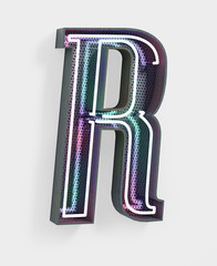Fototapete - Vivid Neon Font with fluorescent wire and Bold Grey frame. Letter R. Party Alphabet. 3d Rendering Isolated on White Background.