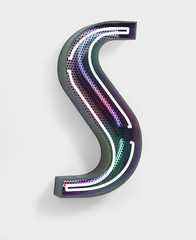 Fototapete - Vivid Neon Font with fluorescent wire and Bold Grey frame. Letter S. Party Alphabet. 3d Rendering Isolated on White Background.