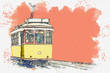 Watercolor sketch or illustration of a traditional yellow tram in Lisbon in Portugal.
