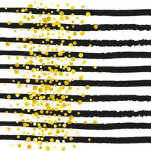 Gold Glitter Confetti With Dots On Black Stripes. Shiny Random Falling Sequins With Shimmer. Template With Gold Glitter Confetti For Party Invitation, Event Banner, Flyer, Birthday Card.