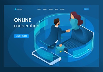 Poster - isometric business, global online collaboration between large companies. template landing page