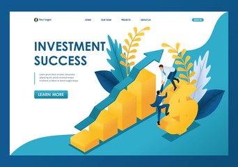 Poster - Isometric success of investments, businessmen successfully invest money. Template landing page