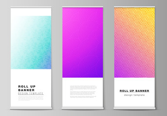 The vector illustration of the editable layout of roll up banner stands, vertical flyers, flags design business templates. Abstract geometric pattern with colorful gradient business background.