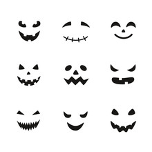 Collection Of Halloween Pumpkins Carved Faces Silhouettes. Black And White Images. Template With Variety Of Eyes, Mouths And Noses For Cut Out Jack O Lantern.