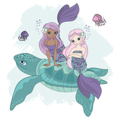 Wall Mural - MERMAID TURTLE Cartoon Underwater Sea Ocean Cruise Travel Tropical Animal Vector Illustration Set for Print Fabric and Decoration