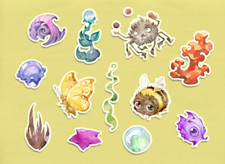 Watercolor stickers of random creatures, mascots, characters. Cartoon style hand drawn funny illustrations