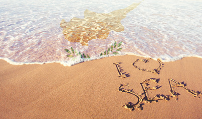 Wall Mural - Beach sand, sea and flag Ciprus. I love Ciprus concept