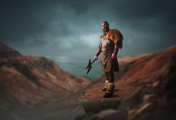 Wall Mural - Handsome viking with axe on the top of mountain