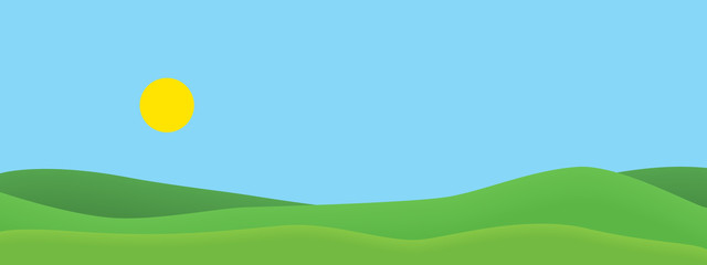 realistic wide screen illustration of green grassy hills in summer landscape with blue sky with shin