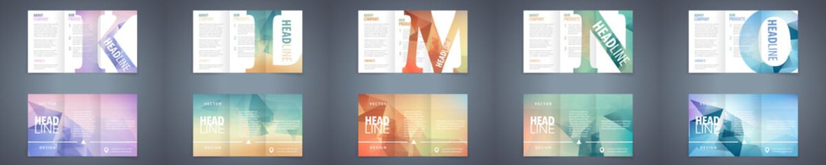 Wall Mural - vector modern tri-fold brochure design template set with colorful polygonal background and letter de