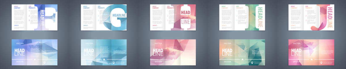 Wall Mural - Vector modern tri-fold brochure design template set with colorful polygonal background and letter design element. Best corporate style layout 