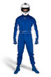Determined race driver in blue white motorsport overall shoes gloves and integral safety crash helmet isolated white background. Car racing motorcycle sport concept.