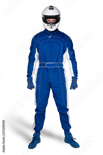 Fotografía Determined race driver in blue white motorsport overall shoes gloves and integral safety crash helmet isolated white background