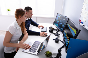 Poster - Two Businesspeople Examining Graph On Computer