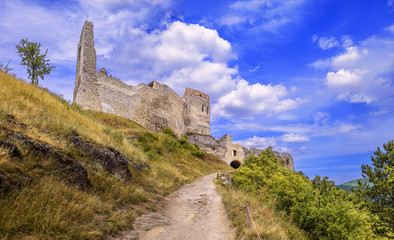 Wall Mural - Cachticky hrad (Cachtice castle), Slovakia. Hungarian: Csejte vára. Castle ruin which stands on a hill next to the village of Čachtice, built in the mid-13th century. Castle wreck in Trencin region.