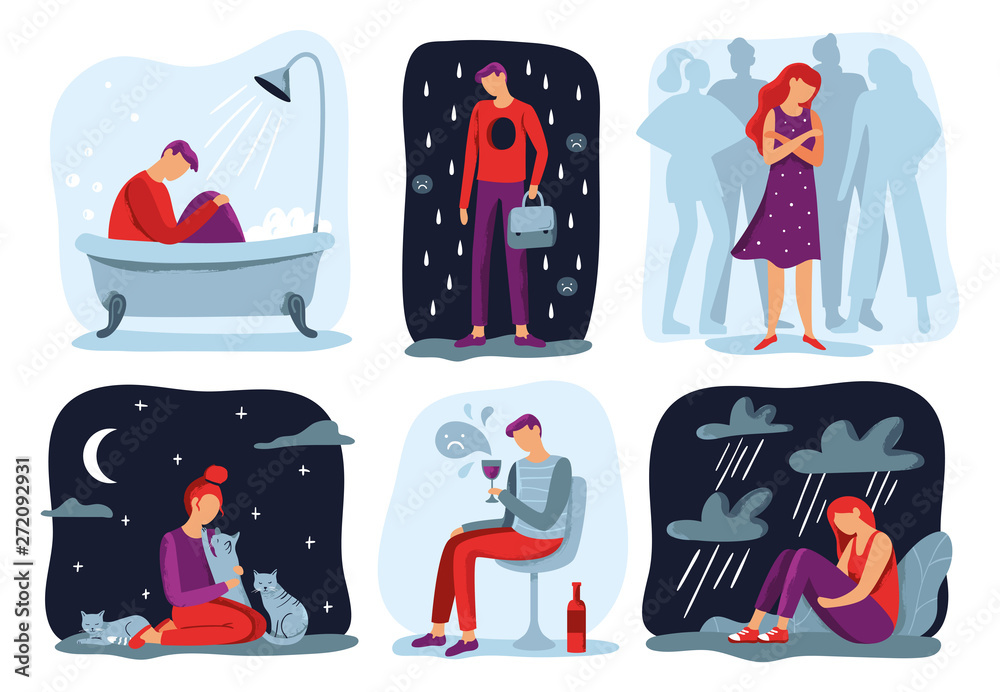 Feel loneliness. Feeling lonely, sad depressive person and social isolation vector illustration set - obrazy, fototapety, plakaty 