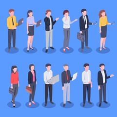 Wall Mural - Isometric business office people. Bank employee, corporate businessman and businesswoman vector illustration set