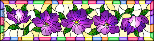 Naklejki liście  ilustracja-w-stylu-witrazu-z-fioletowymi-kwiatami-i-liscmi-na-zoltym-tle-pozioma