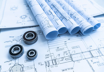 Canvas Print - The part of engineering project. Workplace with blueprints.