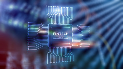 Wall Mural - Fintech icon on abstract financial technology background. Cpu icon on server room data center blurred background.