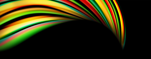 Fluid color rainbow style wave abstract background, techno modern design on black