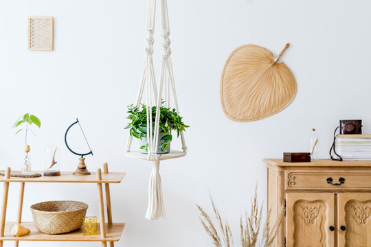 stylish and minimalistic boho interior with design and handmade macrame shelf planter hanger for ind
