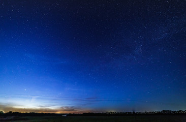 Wall Mural - Starry sky and the milky way over the meadow and forest.