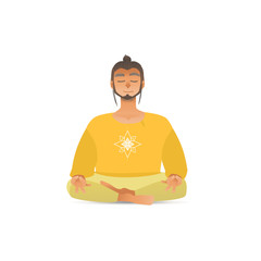 Wall Mural - Young man or guy in relaxation yoga pose flat cartoon vector illustration isolated.