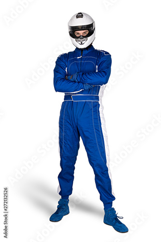 Cuadros en Lienzo Determined race driver in blue white motorsport overall shoes gloves and integral safety crash helmet isolated white background