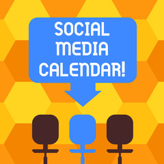Aufkleber - Handwriting text writing Social Media Calendar. Concept meaning apps used to schedule social posts in advance Blank Space Color Arrow Pointing to One of the Three Swivel Chairs photo