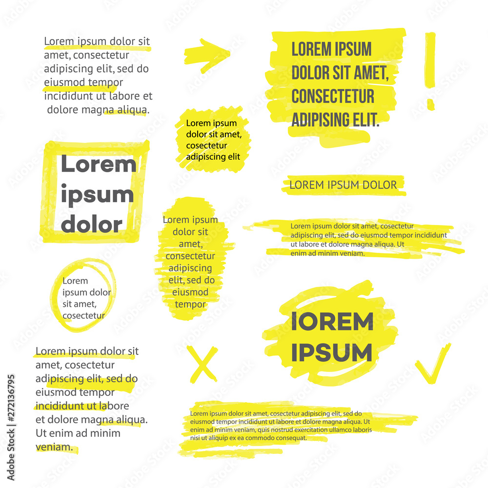A set of lines or strokes and shapes, marks and spots, underlines and frames from the yellow marker or highlighter. - obrazy, fototapety, plakaty 